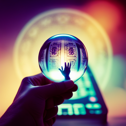 An image depicting a person holding a crystal ball in one hand, while the other hand traces the intricate patterns of a numerology chart